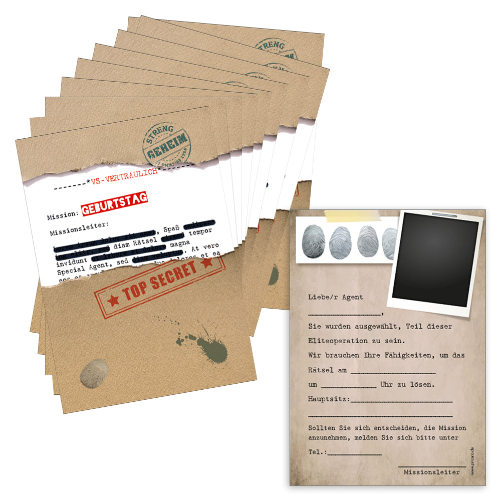 einladungskarte detektive, a6, beige optik mit der aufschrift mission geburtstag, top secret auf vorderseite und details zur einladung auf der rückseite