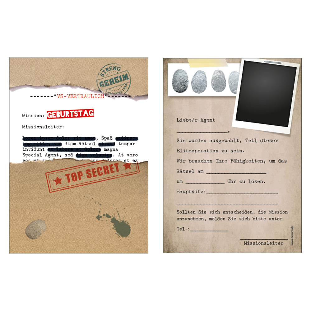 einladungskarte für kindergeburtstag im agentenstyle. vorder- und rückseite. vorderseite mit aufschrift mission geburtag, top secret, rückseite mit details zur einladung