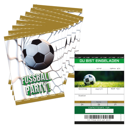 einladungskarte fussball, a6, beige-grüne optik mit fussball motiv und der aufschrift fussball party auf vorderseite und details zur einladung auf der rückseite
