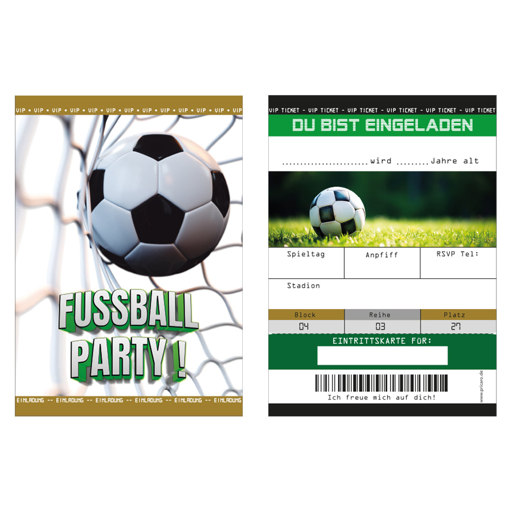 einladungskarte für kindergeburtstag. vorder- und rückseite. vorderseite mit  fußball und der aufschrift fussball party rückseite mit details zur einladung