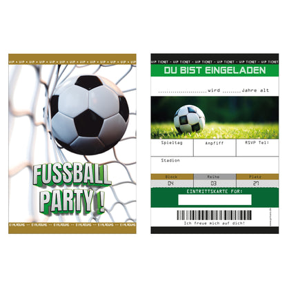 einladungskarte für kindergeburtstag. vorder- und rückseite. vorderseite mit  fußball und der aufschrift fussball party rückseite mit details zur einladung