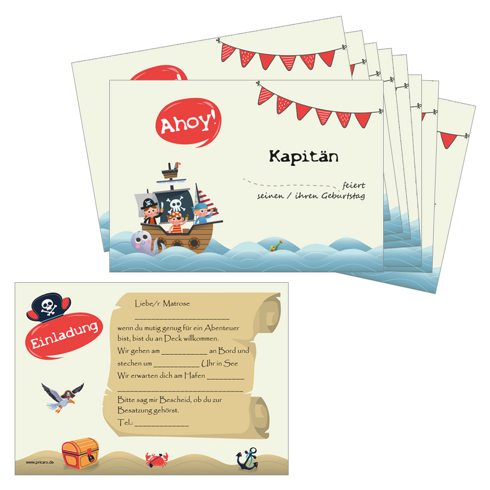 einladungskarte für kindergeburtstag. vorder- und rückseite. vorderseite mit  mit comic piratenschiff und der aufschrift ahoy, rückseite mit details zur einladung