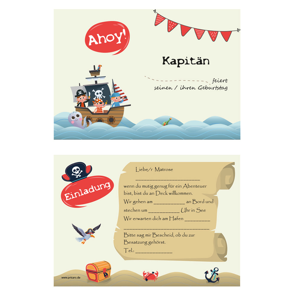 einladungskarte für kindergeburtstag. vorder- und rückseite. vorderseite mit  mit comic piratenschiff und der aufschrift ahoy, rückseite mit details zur einladung