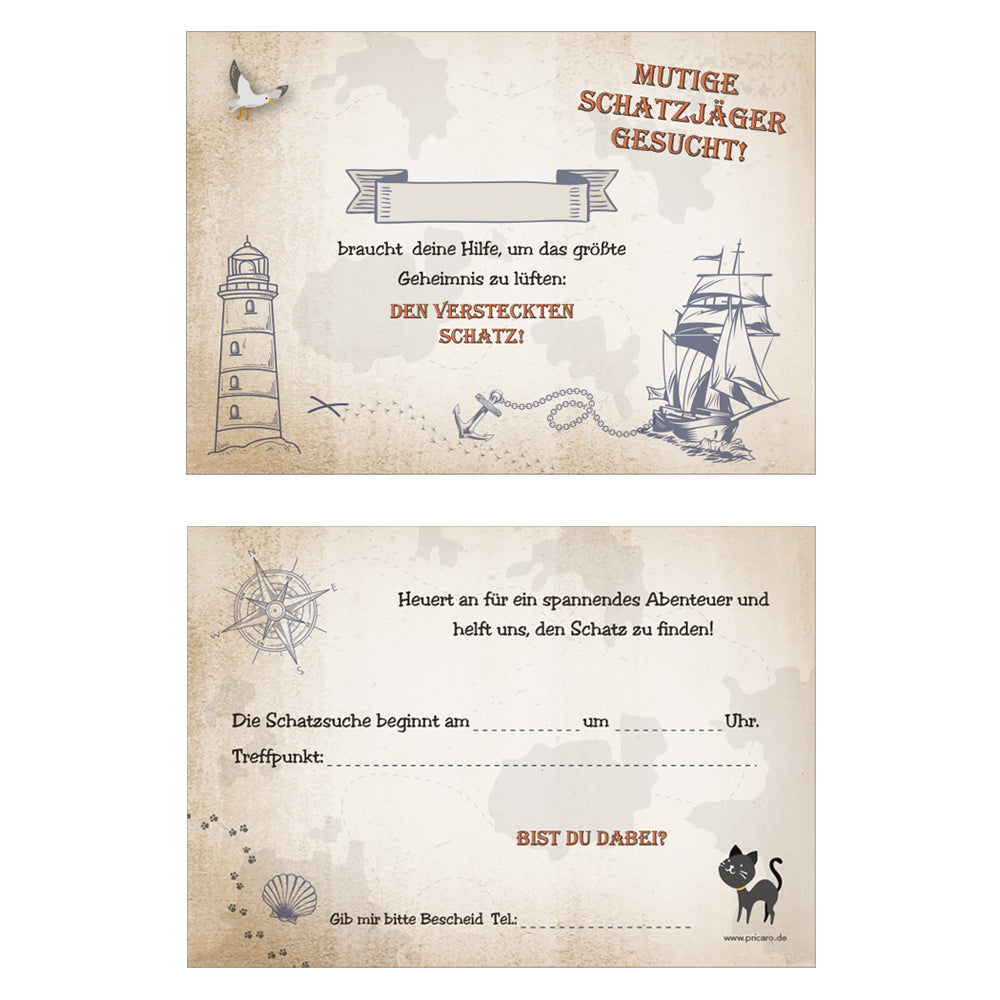 einladungskarte für kindergeburtstag. vorder- und rückseite. vorderseite und rückseite im schatzkarten style, rückseite mit details zur einladung