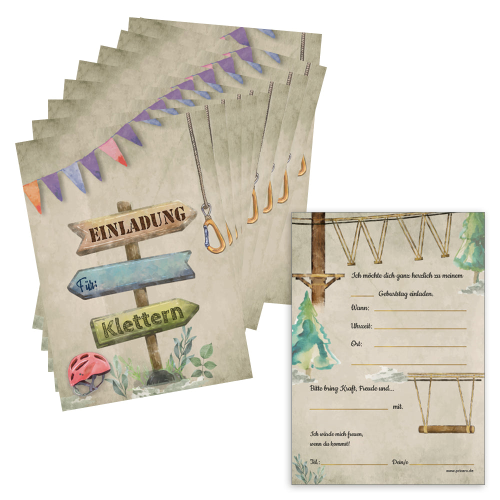 einladungskarte kletterwald, a6, beige-bunte optik mit der aufschrift einladung klettern auf vorderseite und details zur einladung auf der rückseite