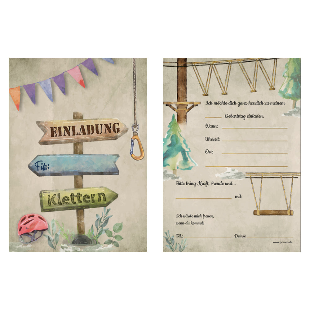 einladungskarte für kindergeburtstag. vorder- und rückseite. vorderseite und rückseite im hochseilgarten style mit der aufschrift einladung / klettern, rückseite mit details zur einladung