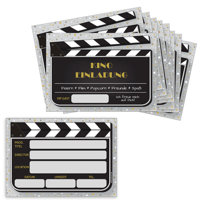 einladungskarte filmklappe, a6, schwarz-grau optik im stil einer filmklappe mit der aufschrift kino einladung auf vorderseite und details zur einladung auf der rückseite