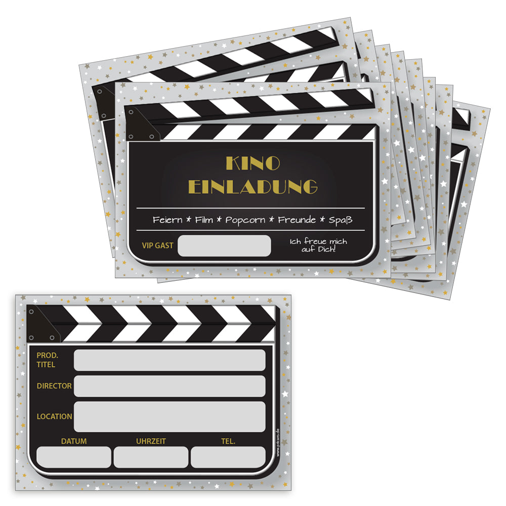 einladungskarte für kindergeburtstag. vorder- und rückseite. vorderseite und rückseite im filmklappen style mit der aufschrift kino einladung, rückseite mit details zur einladung