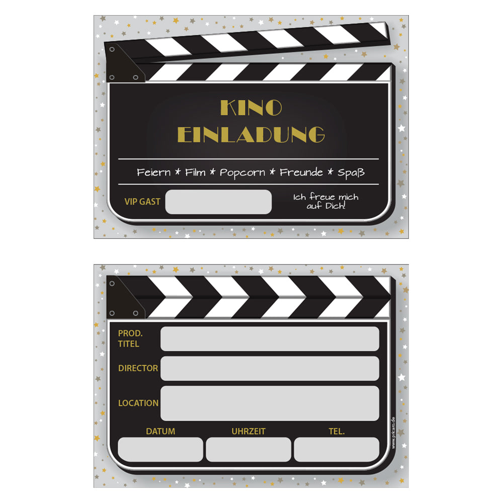 einladungskarte für kindergeburtstag. vorder- und rückseite. vorderseite und rückseite im filmklappen style mit der aufschrift kino einladung, rückseite mit details zur einladung