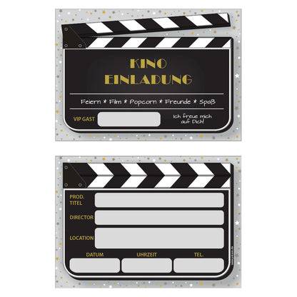 einladungskarte für kindergeburtstag. vorder- und rückseite. vorderseite und rückseite im filmklappen style mit der aufschrift kino einladung, rückseite mit details zur einladung