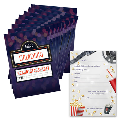 einladungskarte kino, a6, bunte optik mit beleuchtetem kinoschild und der aufschrift einladung auf vorderseite und details zur einladung auf der rückseite