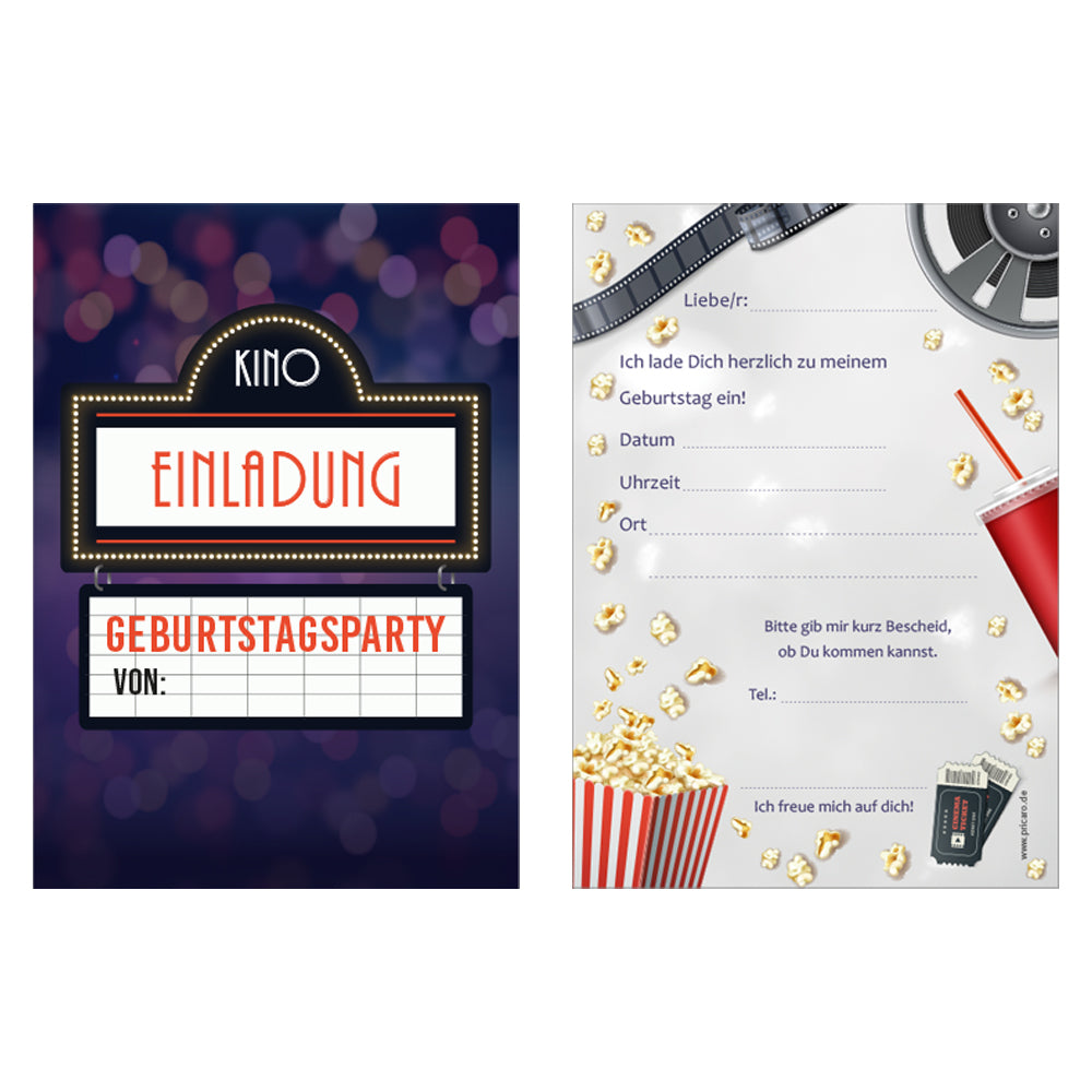 einladungskarte für kindergeburtstag. vorder- und rückseite. vorderseite und rückseite im kino style mit der aufschrift kino einladung, rückseite mit details zur einladung