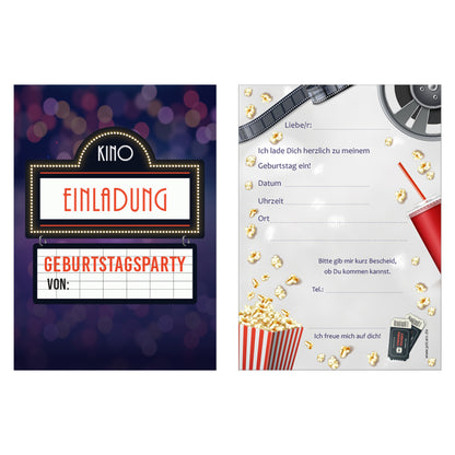 einladungskarte für kindergeburtstag. vorder- und rückseite. vorderseite und rückseite im kino style mit der aufschrift kino einladung, rückseite mit details zur einladung