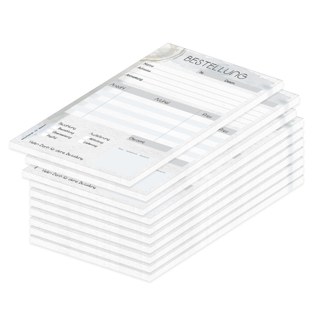 Bestellannahmeblock abdruck, a5, grau-blaue optik, mit zeilen für alle wichtigen informationen wie z.B. kundenanschrift, artikel mit menge und preis, uvm., 10er set