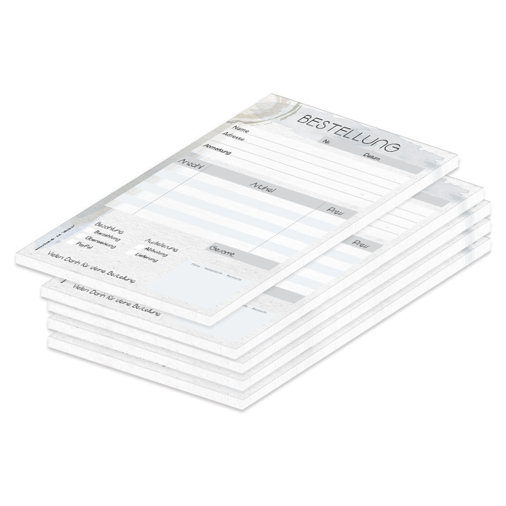 Bestellannahmeblock abdruck, a5, grau-blaue optik, mit zeilen für alle wichtigen informationen wie z.B. kundenanschrift, artikel mit menge und preis, uvm., 5er set