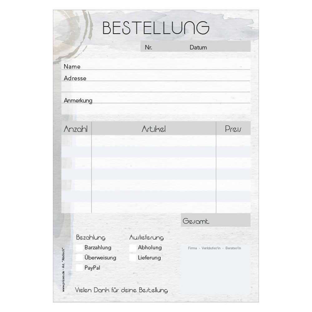Bestellannahmeblock abdruck, a5, grau-blaue optik, mit zeilen für alle wichtigen informationen wie z.B. kundenanschrift, artikel mit menge und preis, uvm., frontansicht