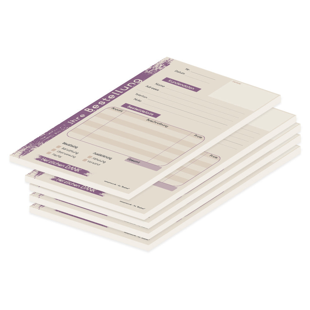 Bestellannahmeblock brushed, a5, beige-lilafarbene optik, mit zeilen für alle wichtigen informationen wie z.B. kundenanschrift, artikel mit menge und preis, uvm., 5 stück