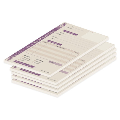 Bestellannahmeblock brushed, a5, beige-lilafarbene optik, mit zeilen für alle wichtigen informationen wie z.B. kundenanschrift, artikel mit menge und preis, uvm., 5 stück