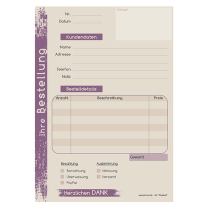Bestellannahmeblock brushed, a5, beige-lilafarbene optik, mit zeilen für alle wichtigen informationen wie z.B. kundenanschrift, artikel mit menge und preis, uvm., frontansicht