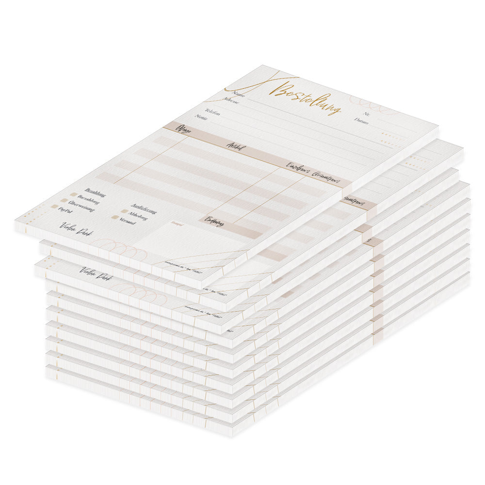 Bestellannahmeblock adria, a5, rosa-graue optik, mit zeilen für alle wichtigen informationen wie z.B. kundenanschrift, artikel mit menge und preis, uvm., 10er set