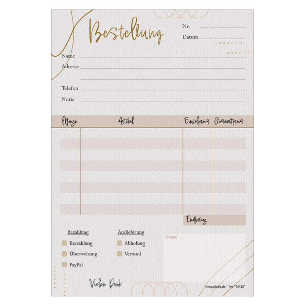 Bestellannahmeblock adria, a5, rosa-graue optik, mit zeilen für alle wichtigen informationen wie z.B. kundenanschrift, artikel mit menge und preis, uvm., frontansicht