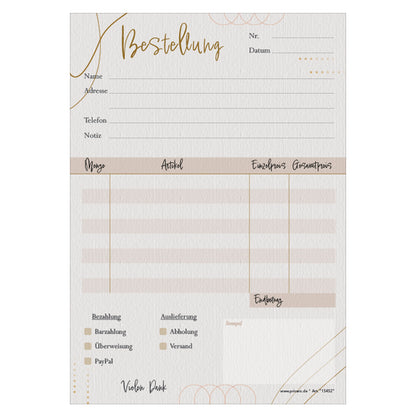 Bestellannahmeblock adria, a5, rosa-graue optik, mit zeilen für alle wichtigen informationen wie z.B. kundenanschrift, artikel mit menge und preis, uvm., frontansicht