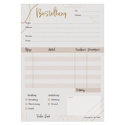 Bestellannahmeblock adria, a5, rosa-graue optik, mit zeilen für alle wichtigen informationen wie z.B. kundenanschrift, artikel mit menge und preis, uvm., frontansicht