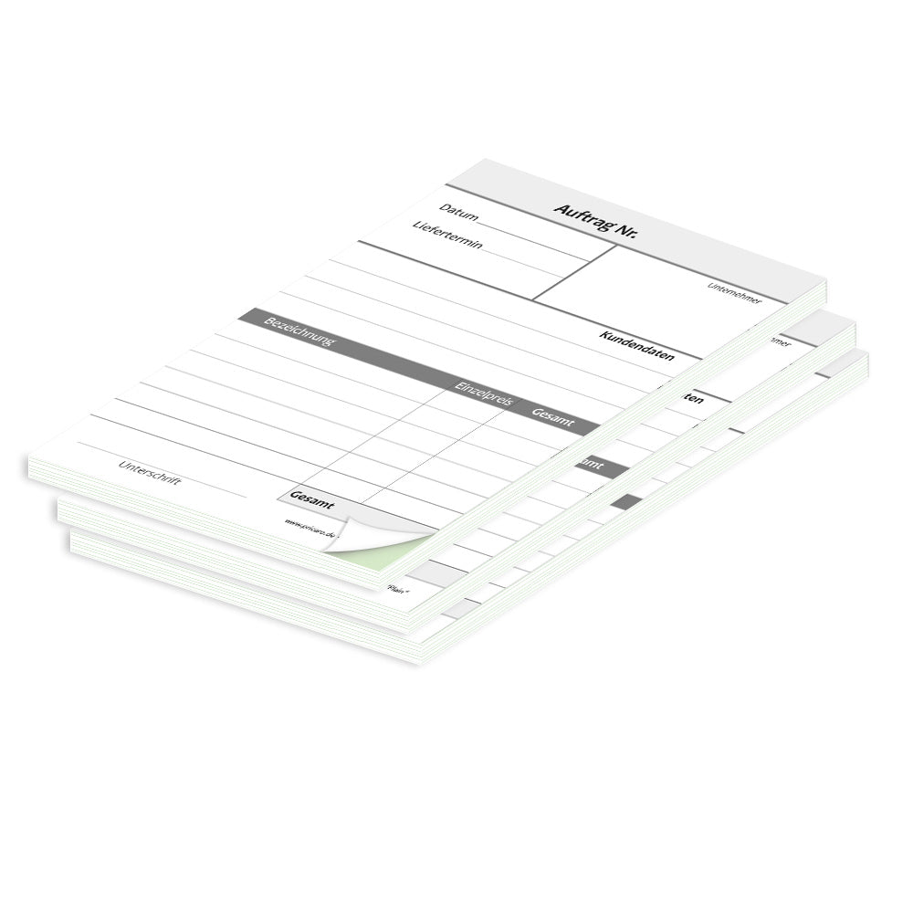 auftragsblock plain, a6, ungelocht schwarz-weiße optik mit grünem durchschlag,  klassische optik, platz für alle wichtigen details (kundendaten, bestelldetails), 3er set