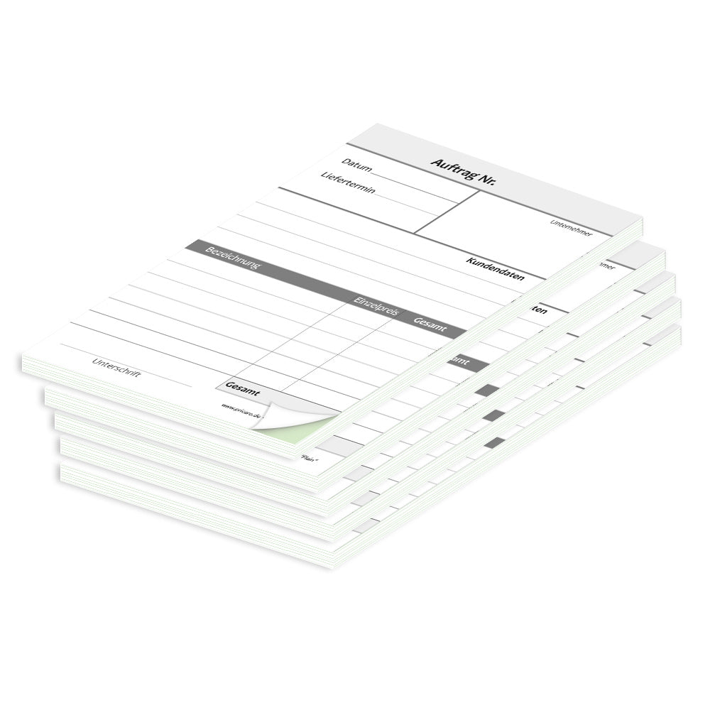 auftragsblock plain, a6, ungelocht schwarz-weiße optik mit grünem durchschlag,  klassische optik, platz für alle wichtigen details (kundendaten, bestelldetails), 5er set