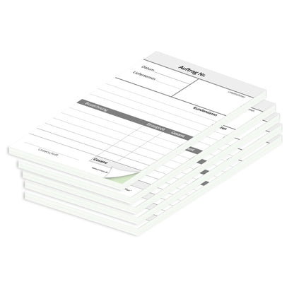 auftragsblock plain, a6, ungelocht schwarz-weiße optik mit grünem durchschlag,  klassische optik, platz für alle wichtigen details (kundendaten, bestelldetails), 5er set