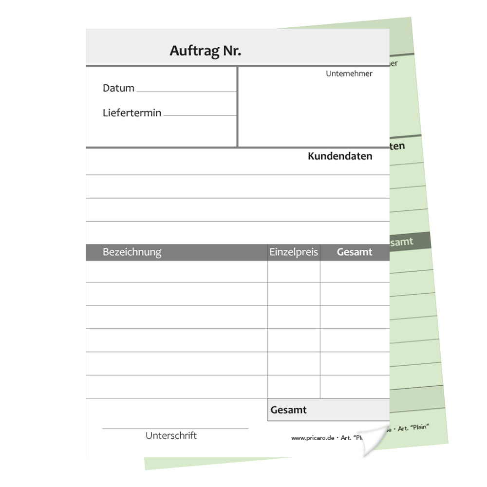 auftragsblock plain, a6, ungelocht schwarz-weiße optik mit grünem durchschlag,  klassische optik, platz für alle wichtigen details (kundendaten, bestelldetails), frontansicht
