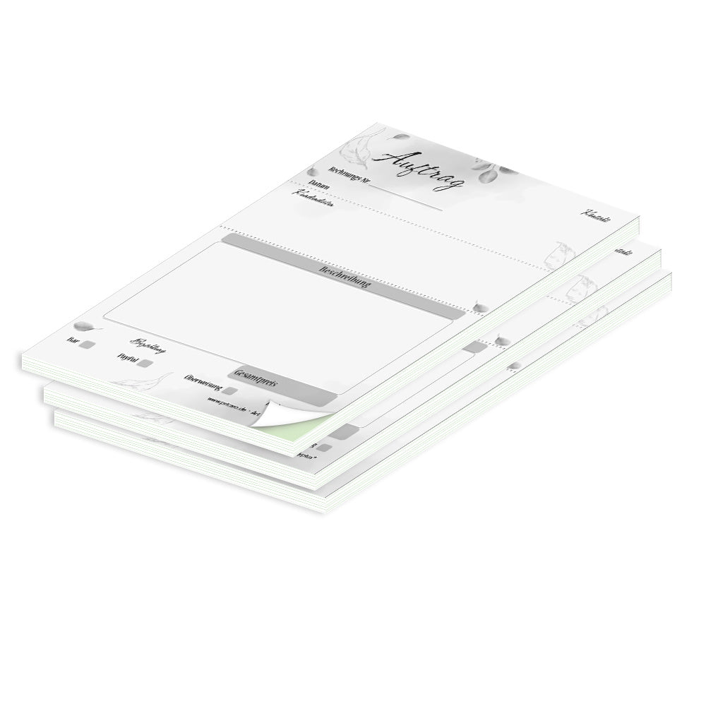 auftragsblock eukalyptus, a6, ungelocht schwarz-weiße optik mit grünem durchschlag,  blätteroptik, platz für alle wichtigen details (kundendaten, bestelldetails),3er set
