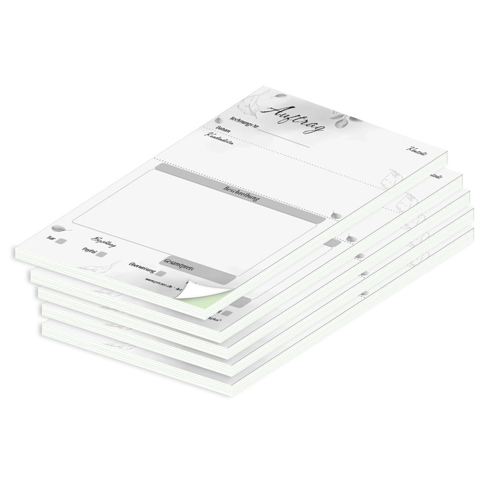 auftragsblock eukalyptus, a6, ungelocht schwarz-weiße optik mit grünem durchschlag,  blätteroptik, platz für alle wichtigen details (kundendaten, bestelldetails),5er set