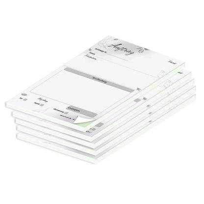 auftragsblock eukalyptus, a6, ungelocht schwarz-weiße optik mit grünem durchschlag,  blätteroptik, platz für alle wichtigen details (kundendaten, bestelldetails),5er set