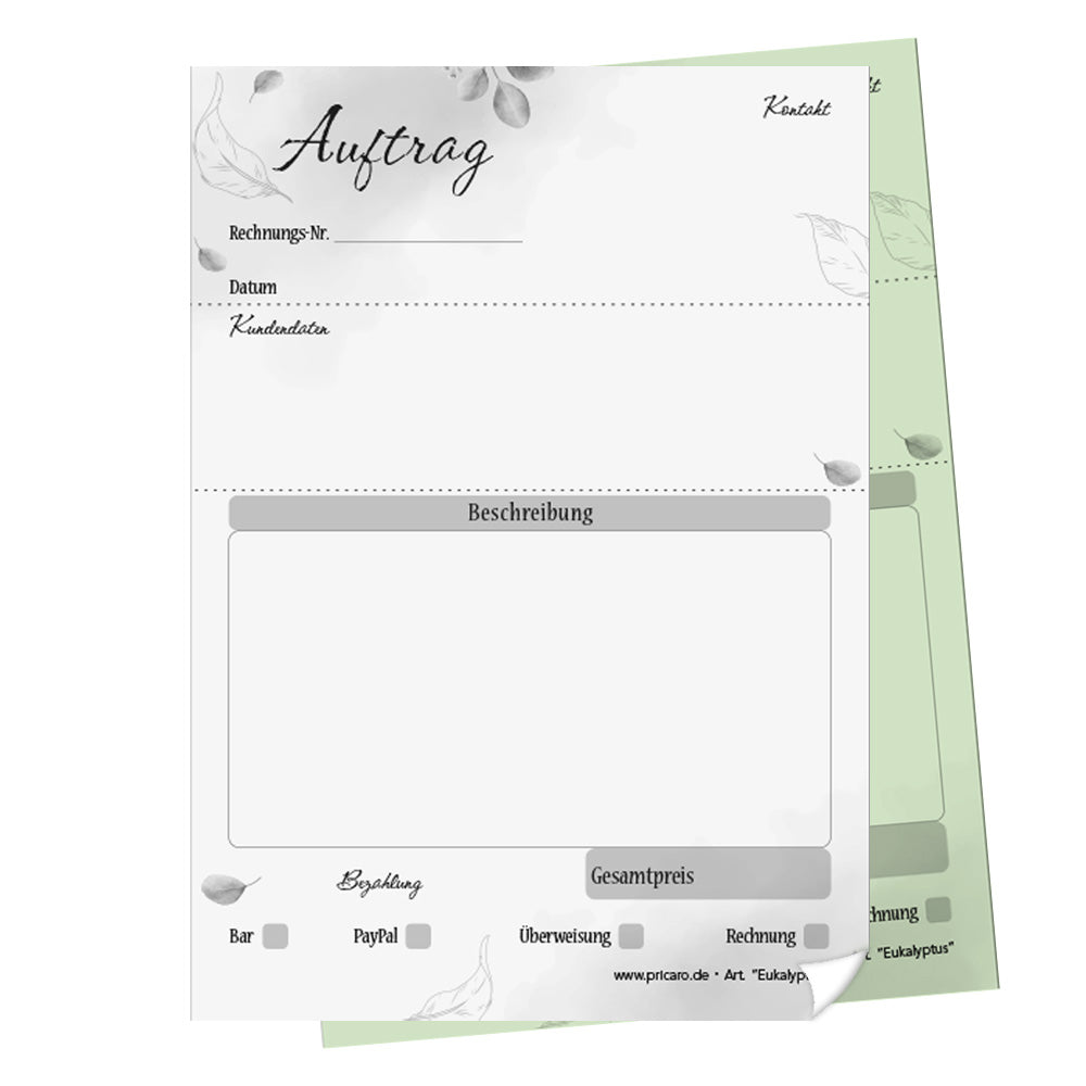 auftragsblock eukalyptus, a6, ungelocht schwarz-weiße optik mit grünem durchschlag,  blätteroptik, platz für alle wichtigen details (kundendaten, bestelldetails), frontansicht