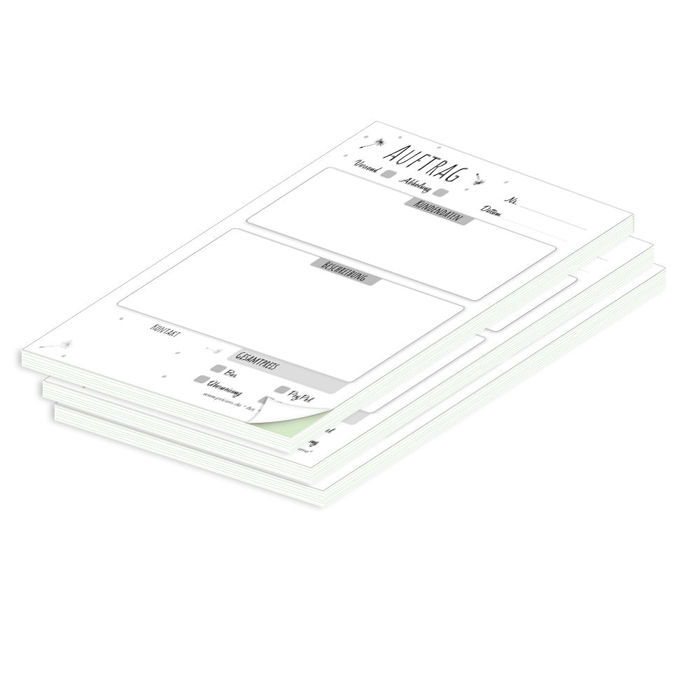 auftragsblock pusteblume, a6, ungelocht schwarz-weiße optik mit grünem durchschlag,  schwarz,weiße optik mit kleinen pusteblumen, platz für alle wichtigen details (kundendaten, bestelldetails), 3er set