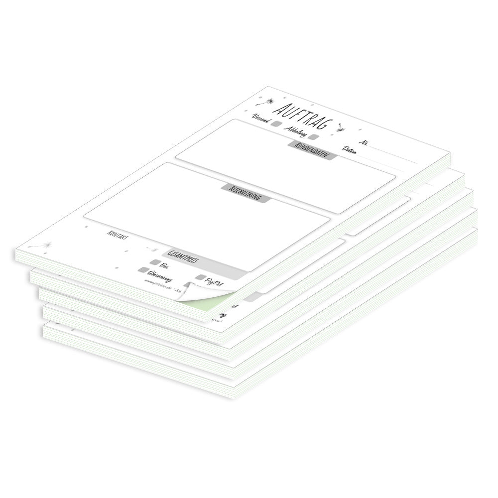 auftragsblock pusteblume, a6, ungelocht schwarz-weiße optik mit grünem durchschlag,  schwarz,weiße optik mit kleinen pusteblumen, platz für alle wichtigen details (kundendaten, bestelldetails), 5er set