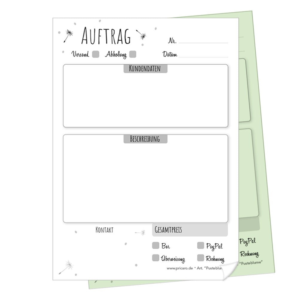 auftragsblock pusteblume, a6, ungelocht schwarz-weiße optik mit grünem durchschlag,  schwarz,weiße optik mit kleinen pusteblumen, platz für alle wichtigen details (kundendaten, bestelldetails), frontansicht