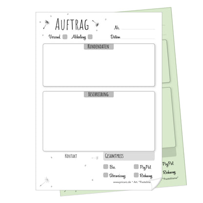 auftragsblock pusteblume, a6, ungelocht schwarz-weiße optik mit grünem durchschlag,  schwarz,weiße optik mit kleinen pusteblumen, platz für alle wichtigen details (kundendaten, bestelldetails), frontansicht