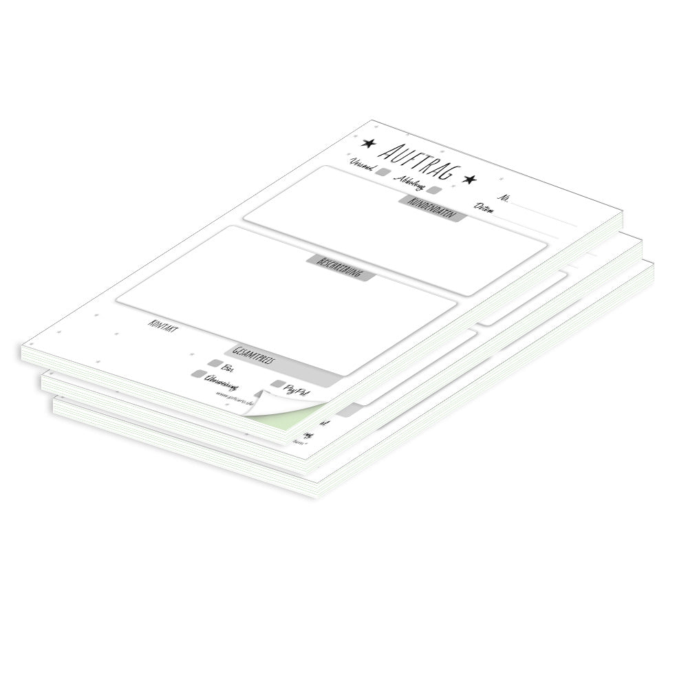 auftragsblock stern, a6, ungelocht schwarz-weiße optik mit grünem durchschlag, mit kleinen sternen, platz für alle wichtigen details (kundendaten, bestelldetails), 3er set