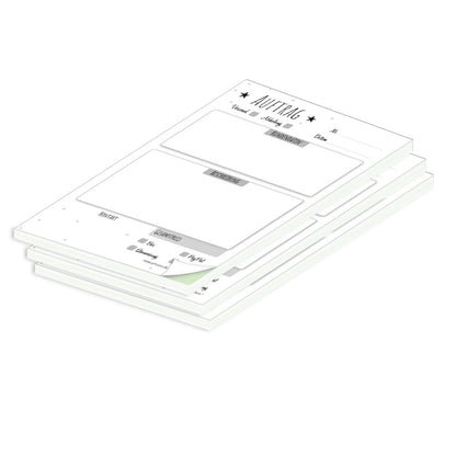 auftragsblock stern, a6, ungelocht schwarz-weiße optik mit grünem durchschlag, mit kleinen sternen, platz für alle wichtigen details (kundendaten, bestelldetails), 3er set