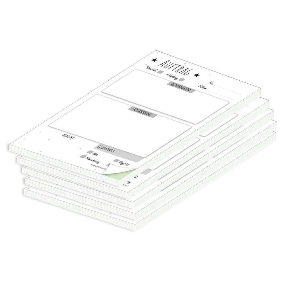 auftragsblock stern, a6, ungelocht schwarz-weiße optik mit grünem durchschlag, mit kleinen sternen, platz für alle wichtigen details (kundendaten, bestelldetails),5er set