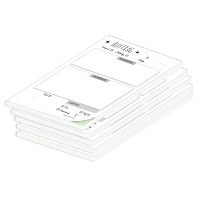 auftragsblock stern, a6, ungelocht schwarz-weiße optik mit grünem durchschlag, mit kleinen sternen, platz für alle wichtigen details (kundendaten, bestelldetails),5er set