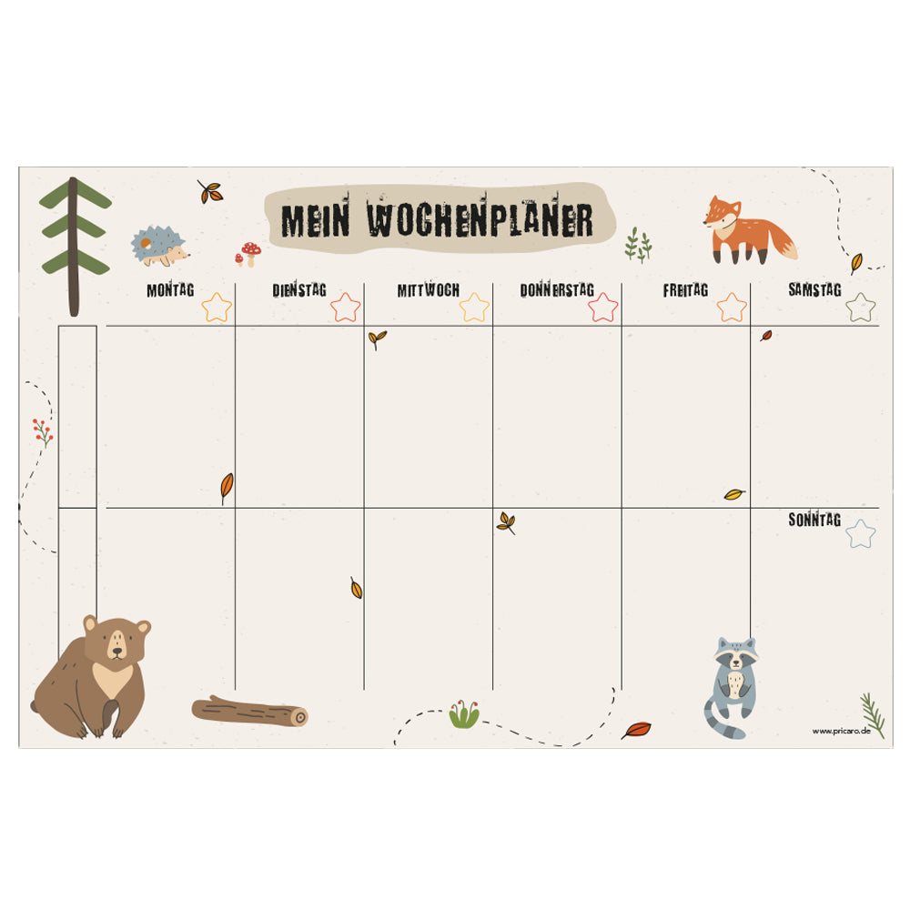 magnet wochenplaner wald, beige-bunte optik mit verschiedenen tieren, spalten für montag bis sonntag, front ansicht