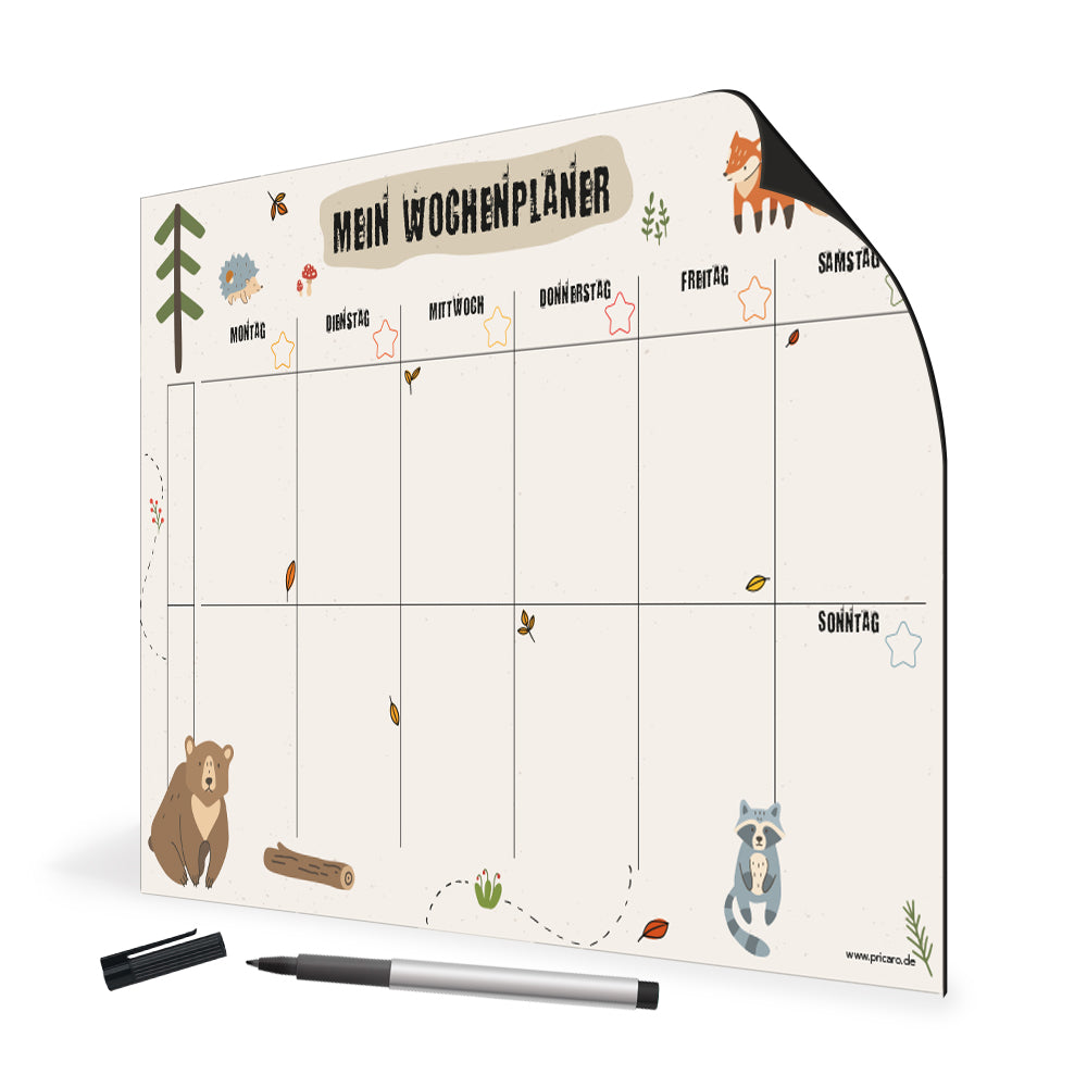 magnet wochenplaner wald, beige-bunte optik mit verschiedenen tieren, spalten für montag bis sonntag, seitiche ansicht