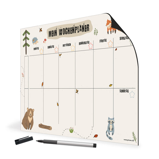 magnet wochenplaner wald, beige-bunte optik mit verschiedenen tieren, spalten für montag bis sonntag, seitiche ansicht