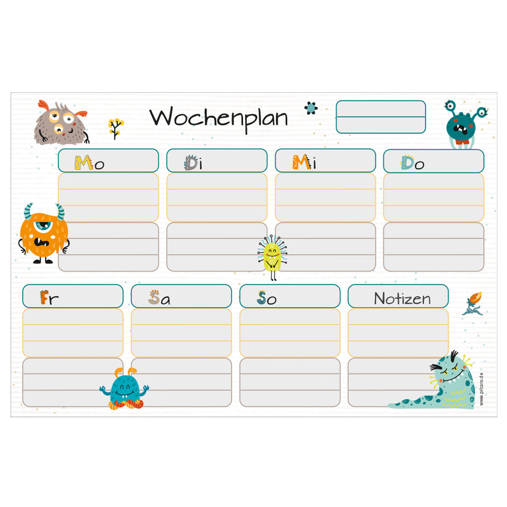 magnet wochenplaner monster, grau-bunte optik mit kleinen monstern, spalten für montag bis sonntag und eine spalte für zusätzliche notizen, front ansicht