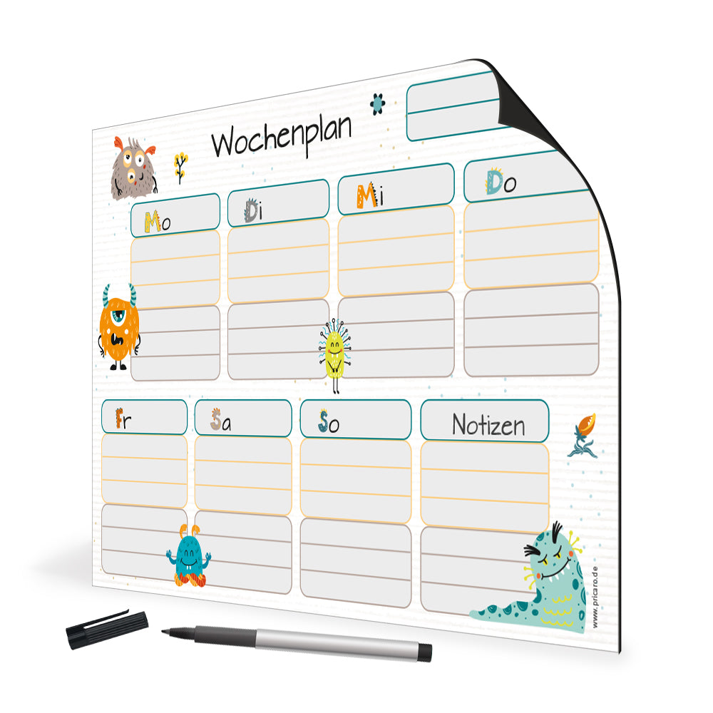 magnet wochenplaner monster, grau-bunte optik mit kleinen monstern, spalten für montag bis sonntag und eine spalte für zusätzliche notizen, seitliche ansicht