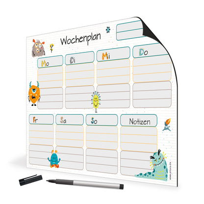 magnet wochenplaner monster, grau-bunte optik mit kleinen monstern, spalten für montag bis sonntag und eine spalte für zusätzliche notizen, seitliche ansicht