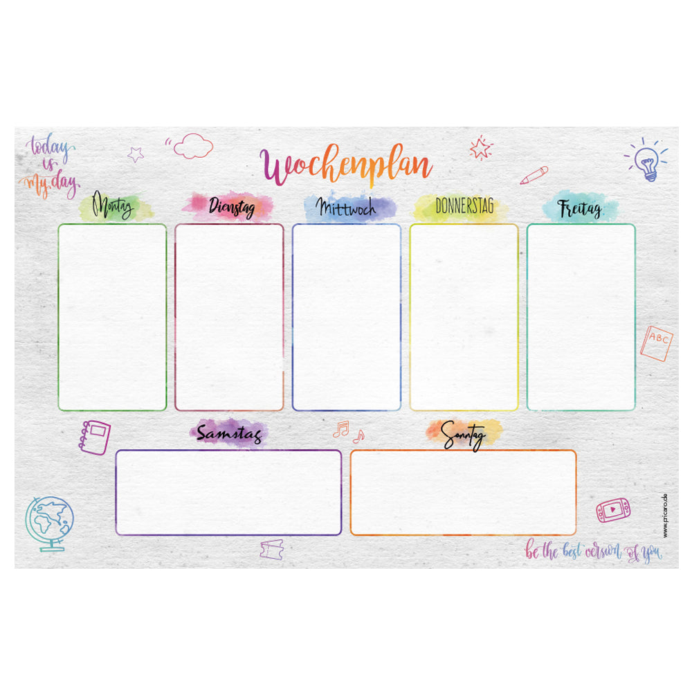 magnet wochenplaner lettering, grau-bunte optik, spalten für montag bis sonntag, front ansicht